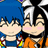 Two chibi-style anime characters with blue and black hair, wearing orange and blue outfits, smiling with closed eyes and pink cheeks.