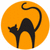 Black cat silhouette on orange circular background with arched back and raised tail, shown in three sequential poses.