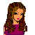 Pixel art contact sheet showing multiple views of a female character in purple clothing with brown hair and blue jeans, alongside text reading "Pretty N Purple!!!!" crossed out by two diagonal lines.
