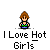 Pixel art of 12 buddy icons showing a character with brown hair and green shirt, with a white spherical figure, all labeled "I Love Hot Girls" text below