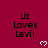Maroon background with repeated text "Liz Loves Levi!" and pixelated white hearts, some of which change shape between frames.