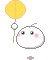 A pixelated character with a white rounded body, pink cheeks, and black eyes appears in multiple states: holding a yellow fan on a stick, smiling widely with red mouth, or showing neutral expression while colorful confetti falls from above.