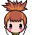 Pixel art contact sheet of four animated frames showing a cartoon character with brown hair in a high ponytail, black eyes, purple eyeshadow, pink cheeks, and yellow collar across different expressions.
