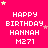 Pixelated birthday message with 'HAPPY BIRTHDAY HANNAH M271' text on bright pink background, scattered yellow and pink stars.
