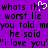 Purple background with repeated pixelated text and a white heart symbol replacing the 'o' in 'what's'