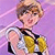 Pixelated character with light brown hair and pink lips wears white and yellow outfit against purple background.