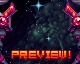 Pixel art of a mechanical creature with glowing orange eyes and fiery horns against a dark starry background, repeated in horizontal