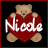Pixelated static icon of a light brown teddy bear holding a large red heart with white text reading "Nicole" against a black background with a thin red border.