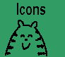 Green background with 'Icons' text above a striped cat-like figure holding various mobile phones and small objects