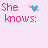 Pixelated text and heart symbols on a light purple background, with 'She knows:' in pink and 'He knows:' in blue.
