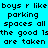 Four identical pixelated text in cyan, blue, purple, and light blue quadrants with black lettering reading 'boys r like parking spaces all the good 1s are taken'