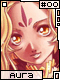 Pixelated character with blonde hair and orange eyes, wearing a golden collar; two versions show different facial expressions.