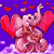 Pixelated pink elephant with large red heart-shaped ears stands on a white cloud-like base against a purple background with floating red hearts.