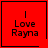 Red square icon with black text "I Love Rayna" and a horizontal line beneath the text, featuring a small black heart symbol in the bottom-right corner of the square.
