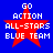 Red star with white text 'GO ACTION ALL-STARS BLUE TEAM' on blue background, four identical static frames.