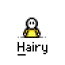 A 3x3 contact sheet of a pixel art animation showing a yellow stick figure character with white hair performing sequential movements across nine frames, each labeled "Hairy" below the icon.