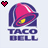Pixelated Taco Bell logo with pink bell, yellow center, and blue text; two heart icons above the logos.