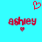Pixelated red text 'ashley' on cyan background with small heart below, top-left corner has larger pixelated red heart.