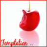 A red cherry with a bite taken out of its left side hangs from a green stem against a white background, reflected below.