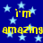 Blue background with light blue stars and yellow text reading "i'm amazing" repeated in two