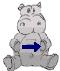 Gray cartoon hippo with stacked smaller hippos on its head, holding a colored arrow that changes from blue to white to green across observations.