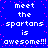 Blue background with pink pixel dots and repeated white text reading 'meet the spartans is awesome!!!' in a pattern