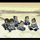 Group of cartoon-style figures in blue-gray uniforms on a sandy beach with distant hills, some raising arms.