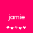 A bright pink background displays the name 'jamie' in white pixelated text above a of six small heart symbols, with one central heart colored light pink