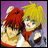 Two anime-style characters with spiky hair embrace against a purple background, one with red hair and the other with blonde hair, while text appears on a black to the right