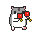 Pixel art hamster with gray back, white belly, pink ears and feet, holding red cube with yellow checkered base, standing on gray background.