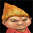 Pixelated cartoon character with orange pointed hat and red shirt against black background