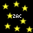 Yellow stars scattered across a black background with four instances of the text 'ZAC' in white pixelated font.