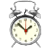 Two identical pixelated alarm clock icons with silver bells, black frame, white face, and red second hand, displayed side-by-side on gray background.