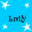 Blue background with white stars and four instances of the text 'Emily' in black pixelated font.