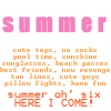 A static image displays repeated summer-themed text in pink and orange hues with a gray rectangular block at the bottom right.