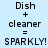 Light blue background with white speckles, four identical showing 'Dish + cleaner = SPARKLY!' text in black pixelated font