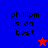 Blue and red background split with text 'phillipm is da best' on blue, purple on right; red star in top-right corner of blue section, blue star in bottom-right corner of red section.
