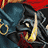 Pixelated static icon depicting a dark armored figure with glowing yellow weapon against red and blue background.