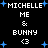 Pixelated text and blue star shapes on a black background, with repeated 'MICHELLE ME & BUNNY <3' text blocks arranged in a pattern