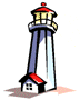 Pixelated lighthouse with blue and white tower, red roof on base and lantern room, yellow light beam extending from lantern room to right.