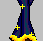 Pixel art contact sheet showing a female character's outfit and text in multiple animation frames with yellow accents, stars, and flame-like details on dark blue pants.