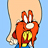 Pixelated cartoon character with orange fur, white eyes, and yellow chest emblem against light blue background.