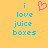 Yellow background with blue text reading 'i love juice boxes' and a pink heart symbol above the text on both sides.