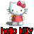Pixelated Hello Kitty character in red dress with pink bow, displayed across six frames of an animated contact sheet showing text and visual changes.