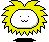 Pixelated sun-like icon with yellow spiky hair, white face, black eyes and mouth, standing on a black base against gray background.