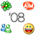 Green pixelated flower with yellow center and red accent, red circular icon with white 'A' and 'M' letters, gray '08' numerals, blue and green pixelated figures, yellow smiley face with brown outline.