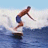 Pixelated image of a surfer riding a wave, wearing dark blue shorts and no shirt, with arms extended for balance against a light sky background.