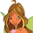 Pixelated cartoon fairy icon with brown hair, green wings, and orange skin wearing a pink flower necklace on white background.