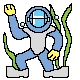 Pixelated character in blue diving suit with yellow hands and feet, standing on white blocks amid green seaweed strands against gray background.