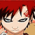 Pixelated anime-style icon of a character with red hair and closed eyes against a solid red background, featuring visible dithering and blocky rendering artifacts.
